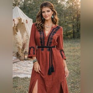EX VOTO Ivy Wine Black Embroidered Cotton Caftan Midi Dress M